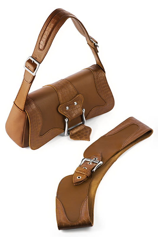 Caramel brown women's dress handbag, matching pumps and belts. Worn view - Florence KOOIJMAN